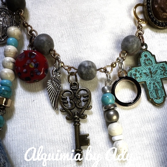 Alquimia Blue and Red Charm Necklace with Vintage Accents - Picture 3 of 5